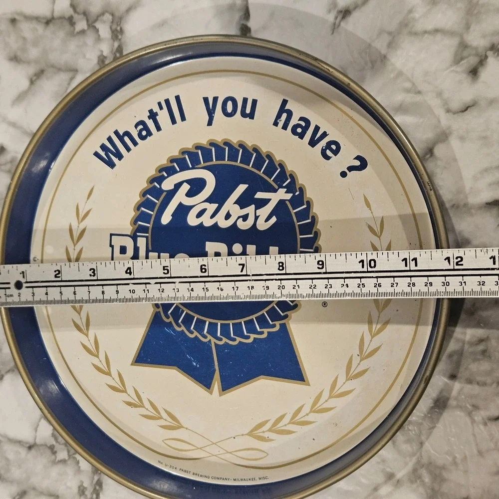 Vintage Pabst Blue Ribbon Beer‎ Serving Tray Metal Round Collectible Pub Decor